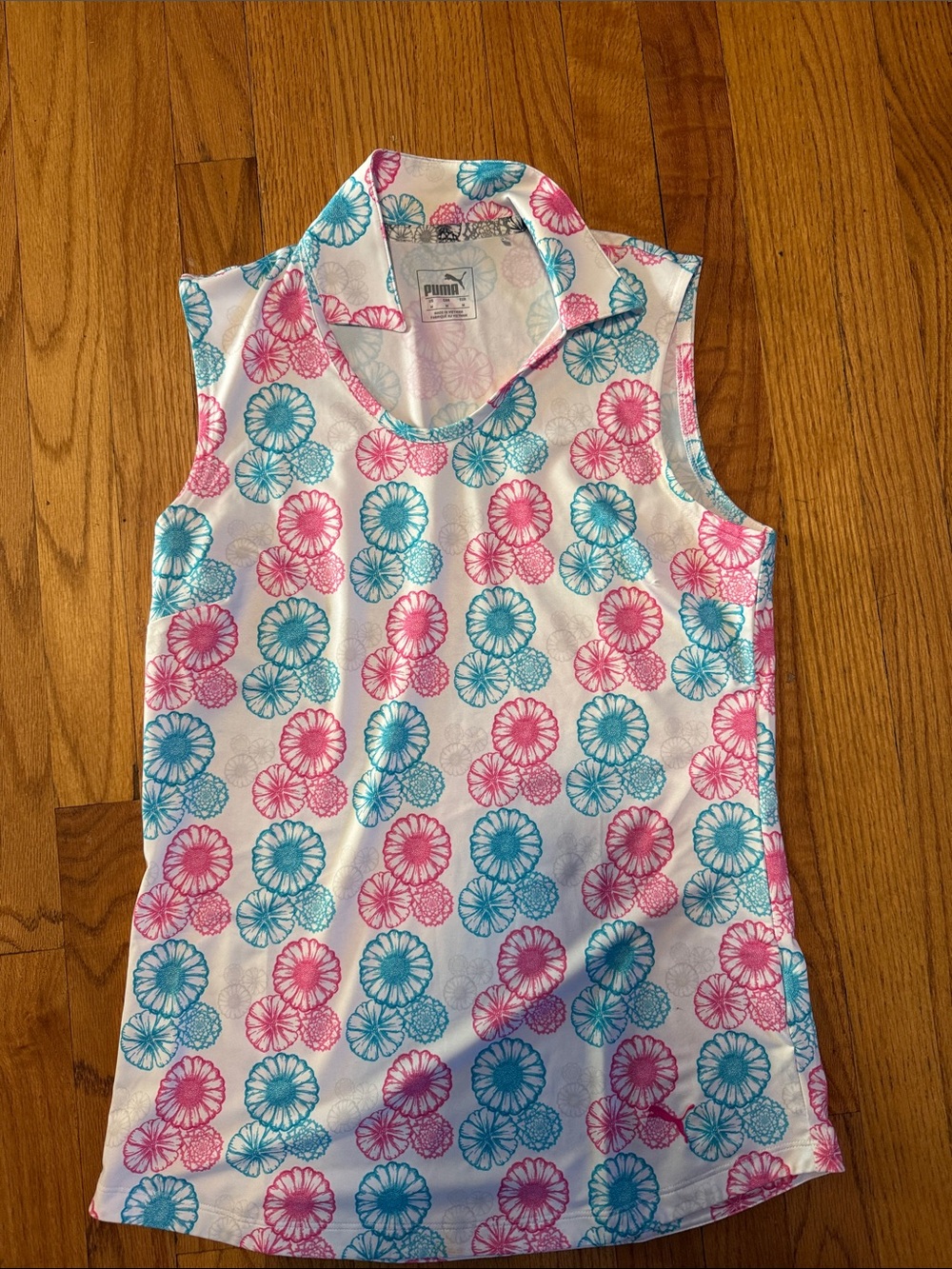 Puma Women's Floral Sleeveless Polo in Pink & Teal golf tank